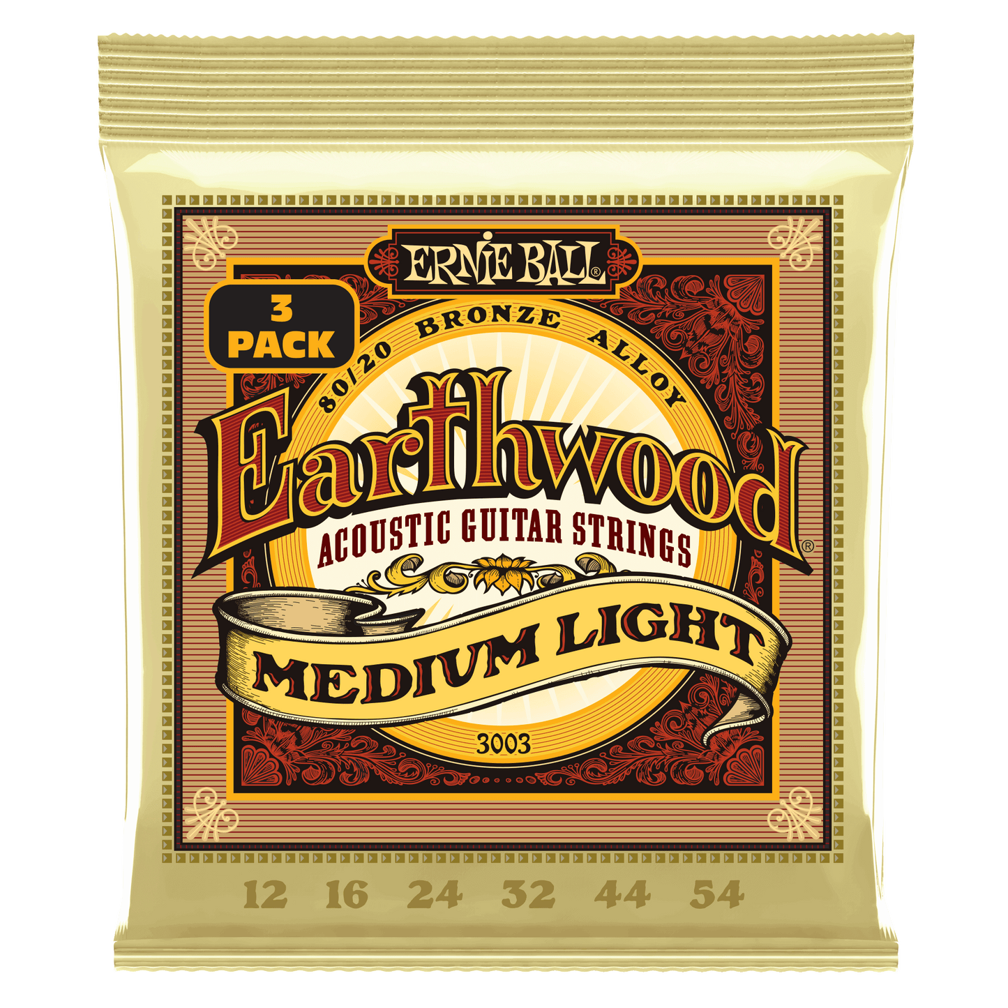 Ernie Ball P03003 Medium Light Earthwood 80/20 Bronze Acoustic Guitar Strings (12-54) Gauge - 3 Pack