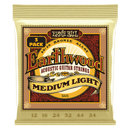Ernie Ball P03003 Medium Light Earthwood 80/20 Bronze Acoustic Guitar Strings (12-54) Gauge - 3 Pack