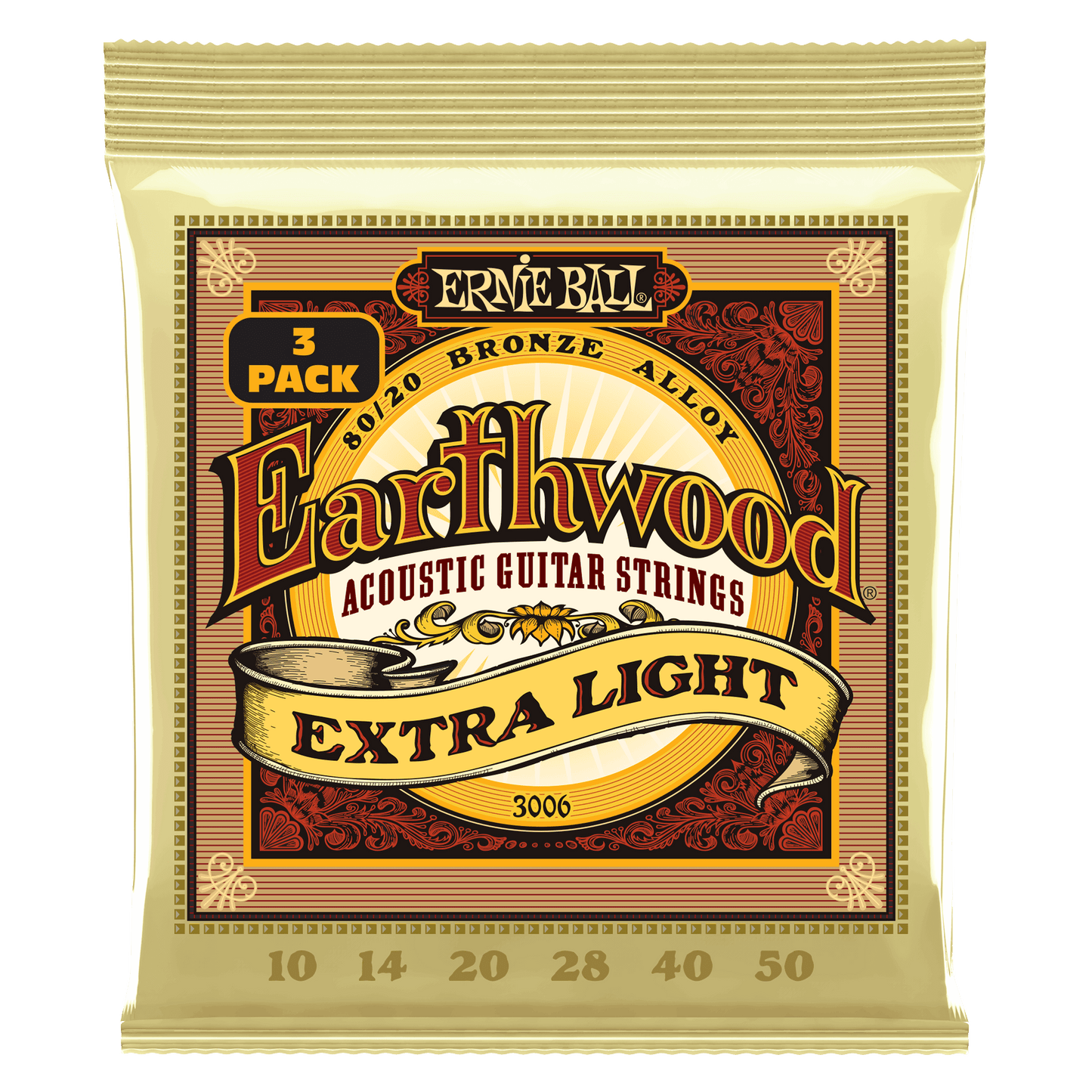 Ernie Ball P03006 Extra Light Earthwood 80/20 Bronze Acoustic Guitar Strings (10-50) Gauge - 3 Pack