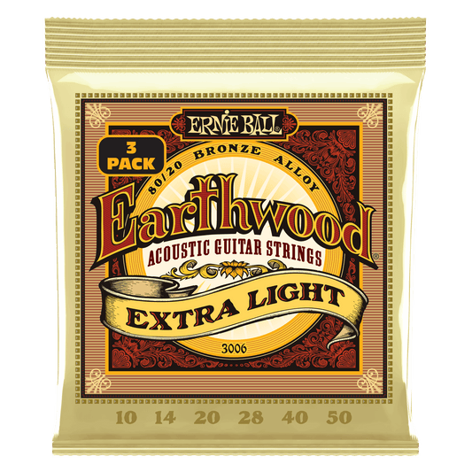 Ernie Ball P03006 Extra Light Earthwood 80/20 Bronze Acoustic Guitar Strings (10-50) Gauge - 3 Pack