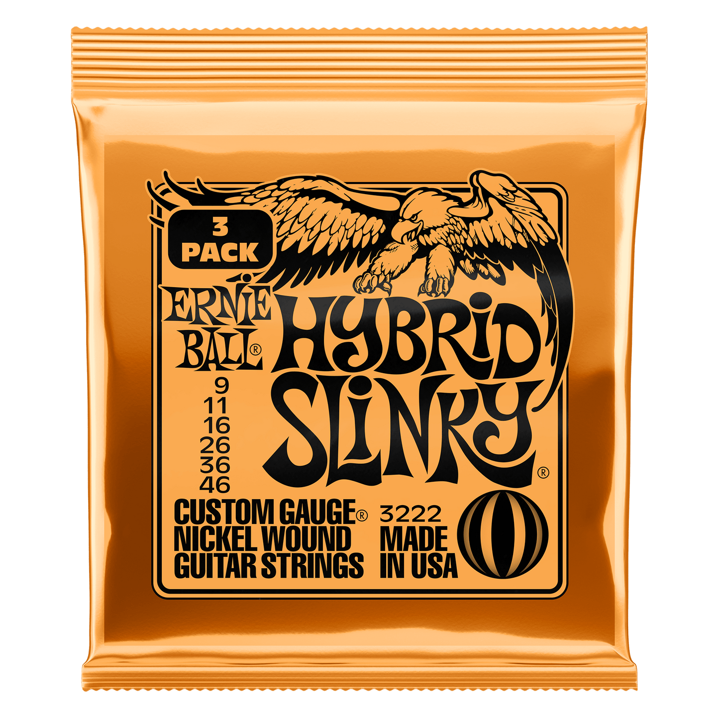 Ernie Ball P03222 Hybrid Slinky Nickel Wound Electric Guitar Strings (9-46) Gauge - 3 Pack