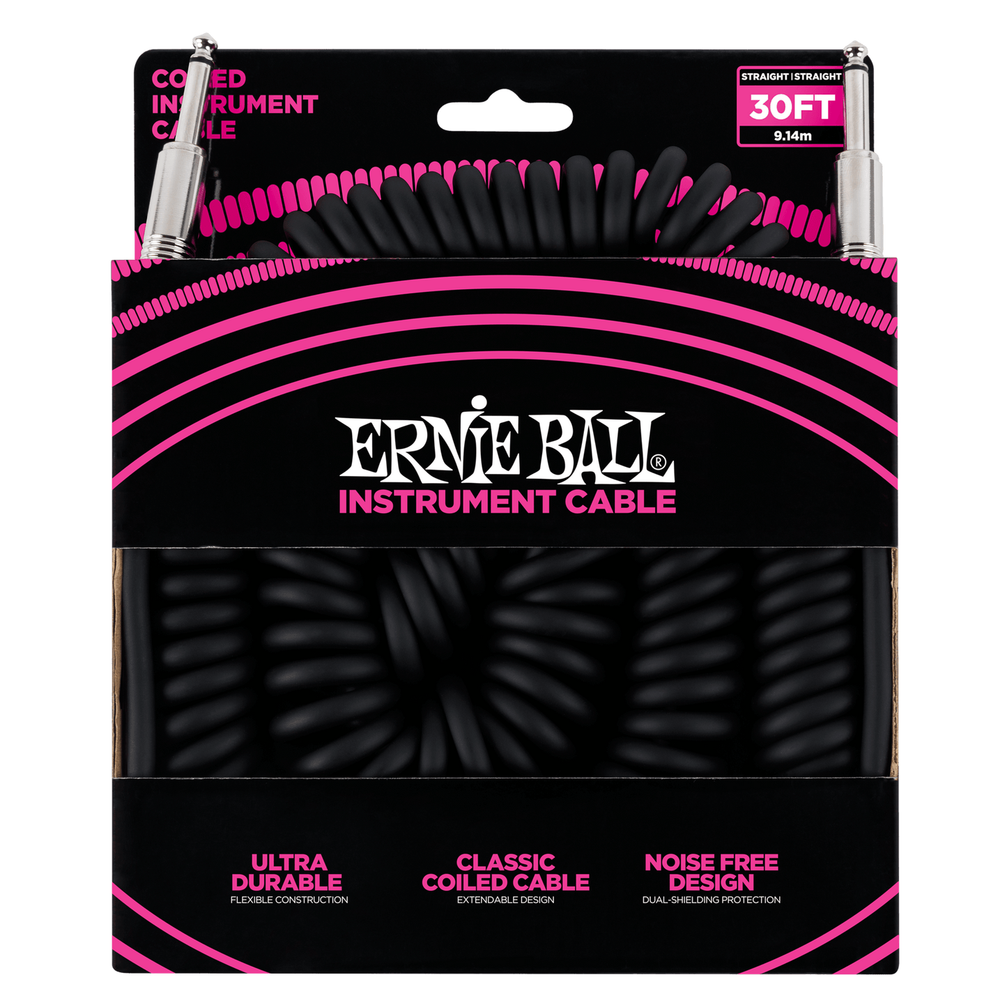 ERNIE BALL P06044 COILED INSTRUMENT CABLE STRAIGHT/STRAIGHT - 30FT - BLACK