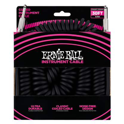 ERNIE BALL P06044 COILED INSTRUMENT CABLE STRAIGHT/STRAIGHT - 30FT - BLACK