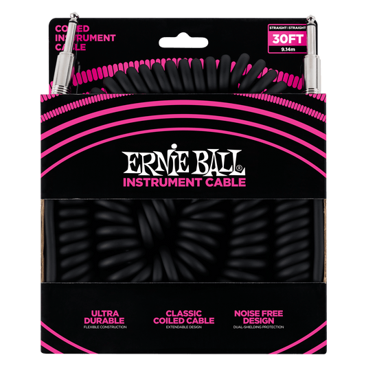 ERNIE BALL P06044 COILED INSTRUMENT CABLE STRAIGHT/STRAIGHT - 30FT - BLACK