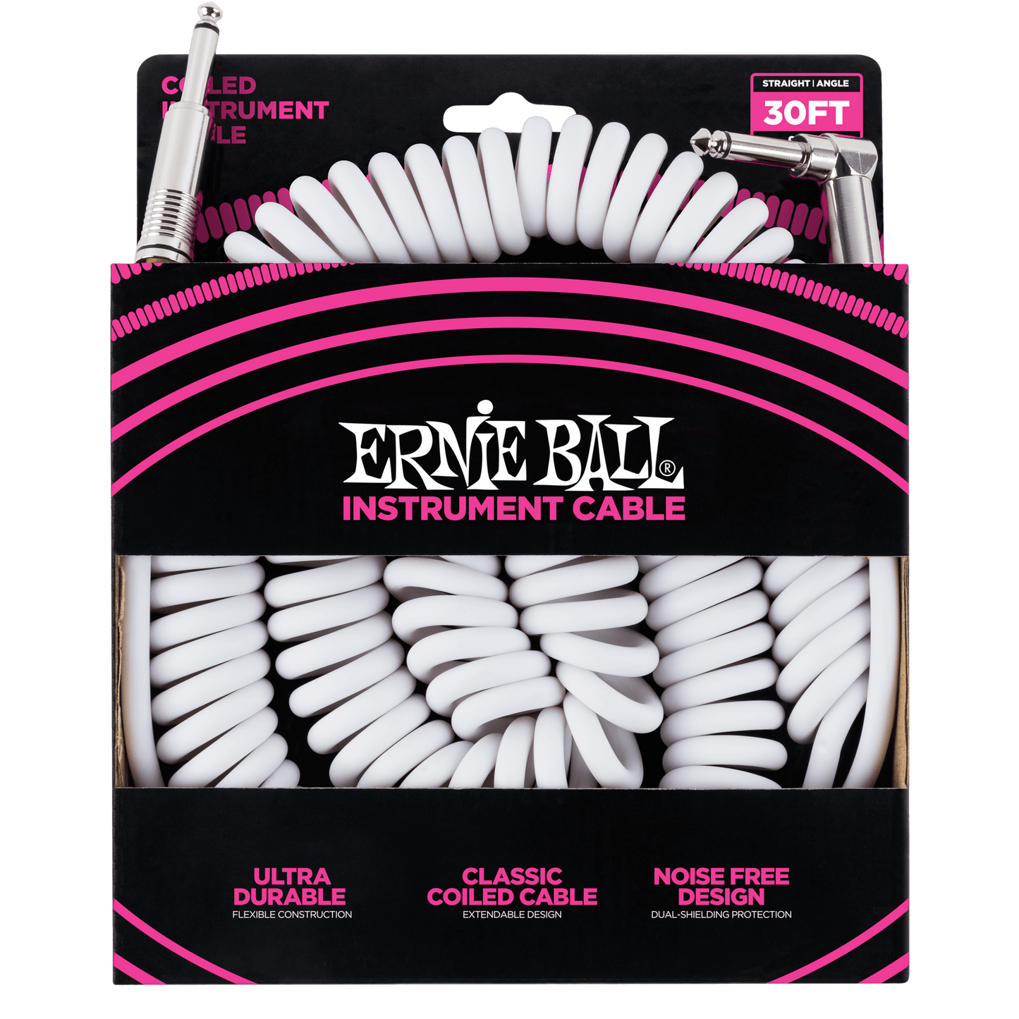 ERNIE BALL P06045 COILED INSTRUMENT CABLE STRAIGHT/ANGLE 30FT - WHITE