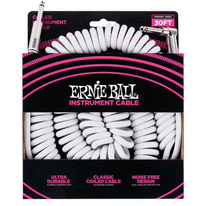 ERNIE BALL P06045 COILED INSTRUMENT CABLE STRAIGHT/ANGLE 30FT - WHITE
