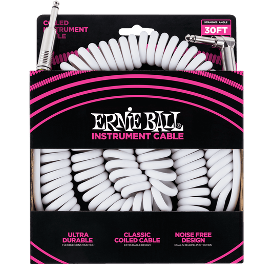 ERNIE BALL P06045 COILED INSTRUMENT CABLE STRAIGHT/ANGLE 30FT - WHITE