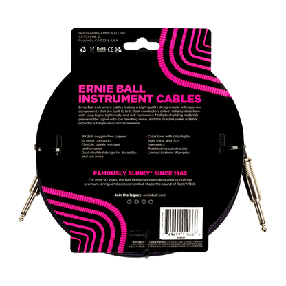 Ernie Ball P06397 Braided Instrument Cable Straight/Straight 25ft - Purple/Black