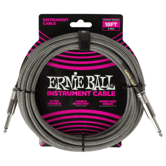 Ernie Ball P06433 Braided Instrument Cable Straight/Straight 18ft - Silver Fox