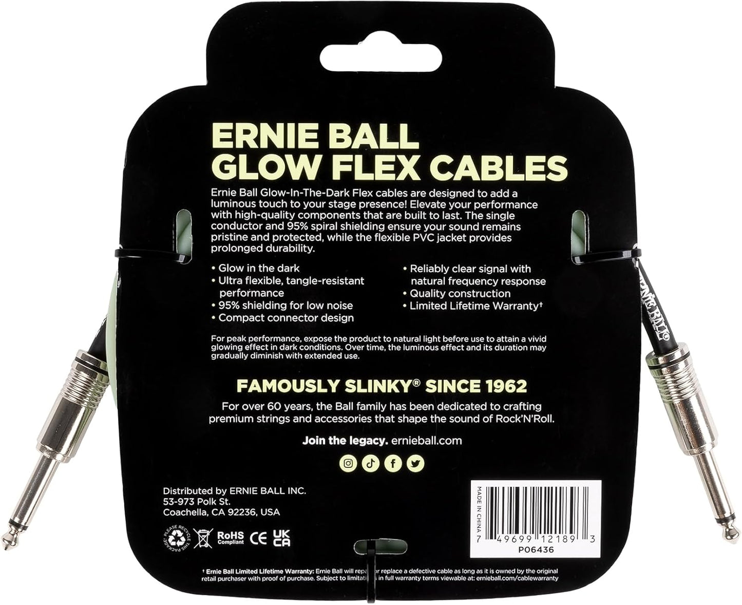 ERNIE BALL P06436 FLEX INSTRUMENT CABLE STRAIGHT/STRAIGHT 10FT - GLOW IN DARK
