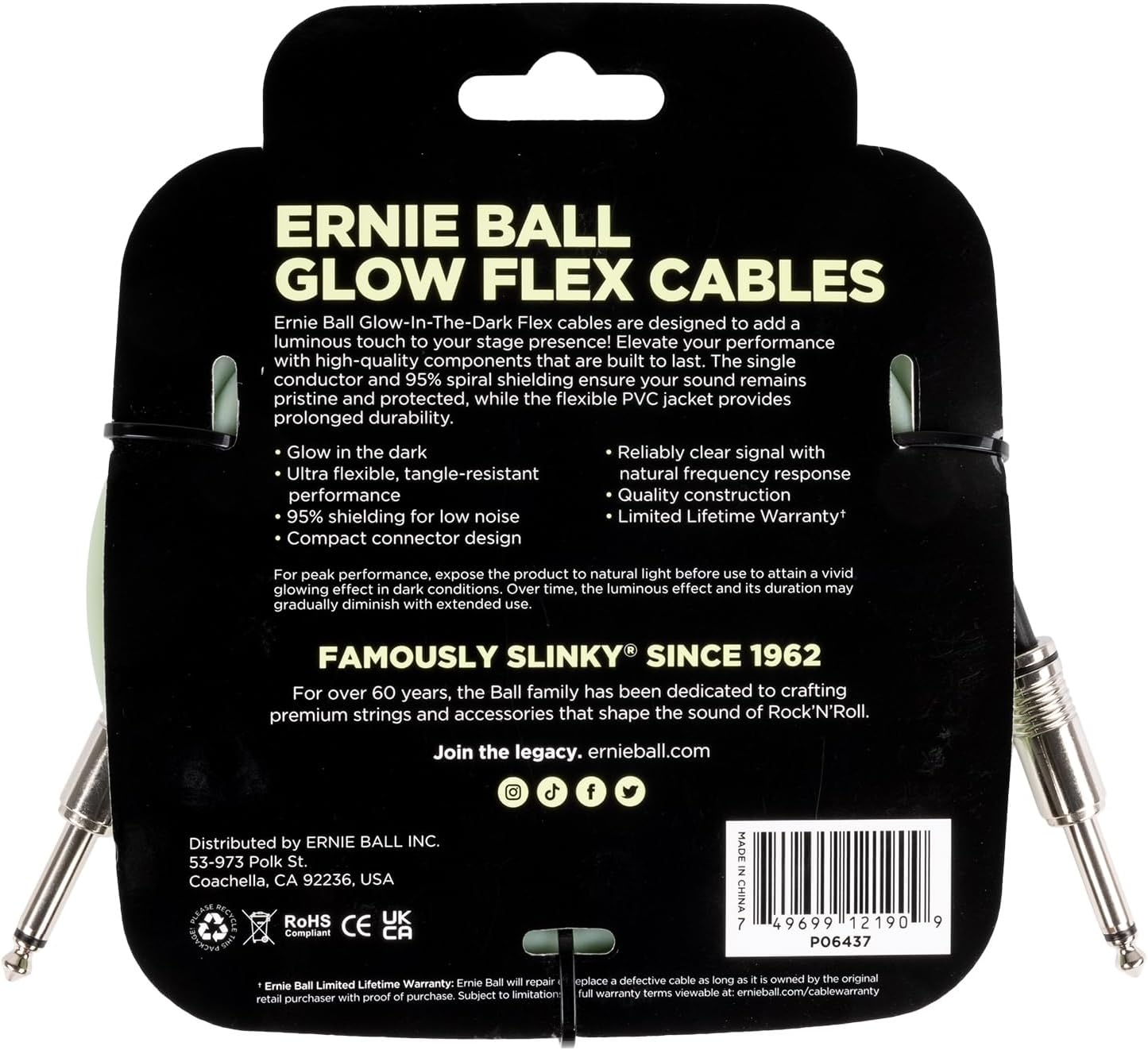 ERNIE BALL P06437 FLEX INSTRUMENT CABLE STRAIGHT/STRAIGHT 20FT - GLOW IN DARK