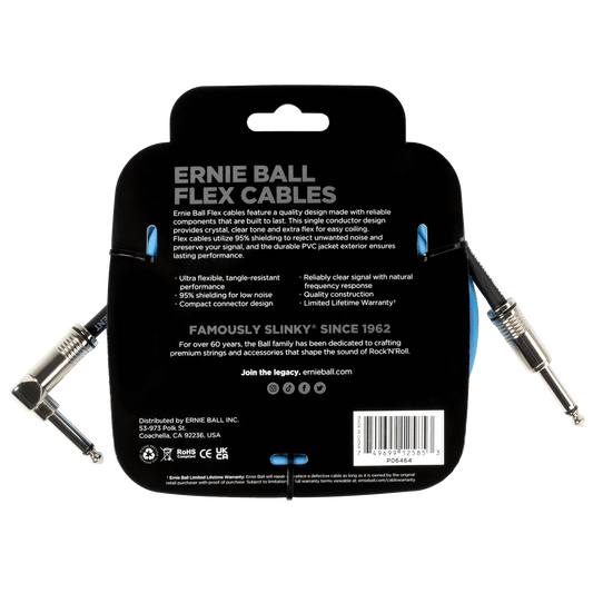 Ernie Ball P06464 Flex Instrument Cable Straight/Angle 10ft - Blue