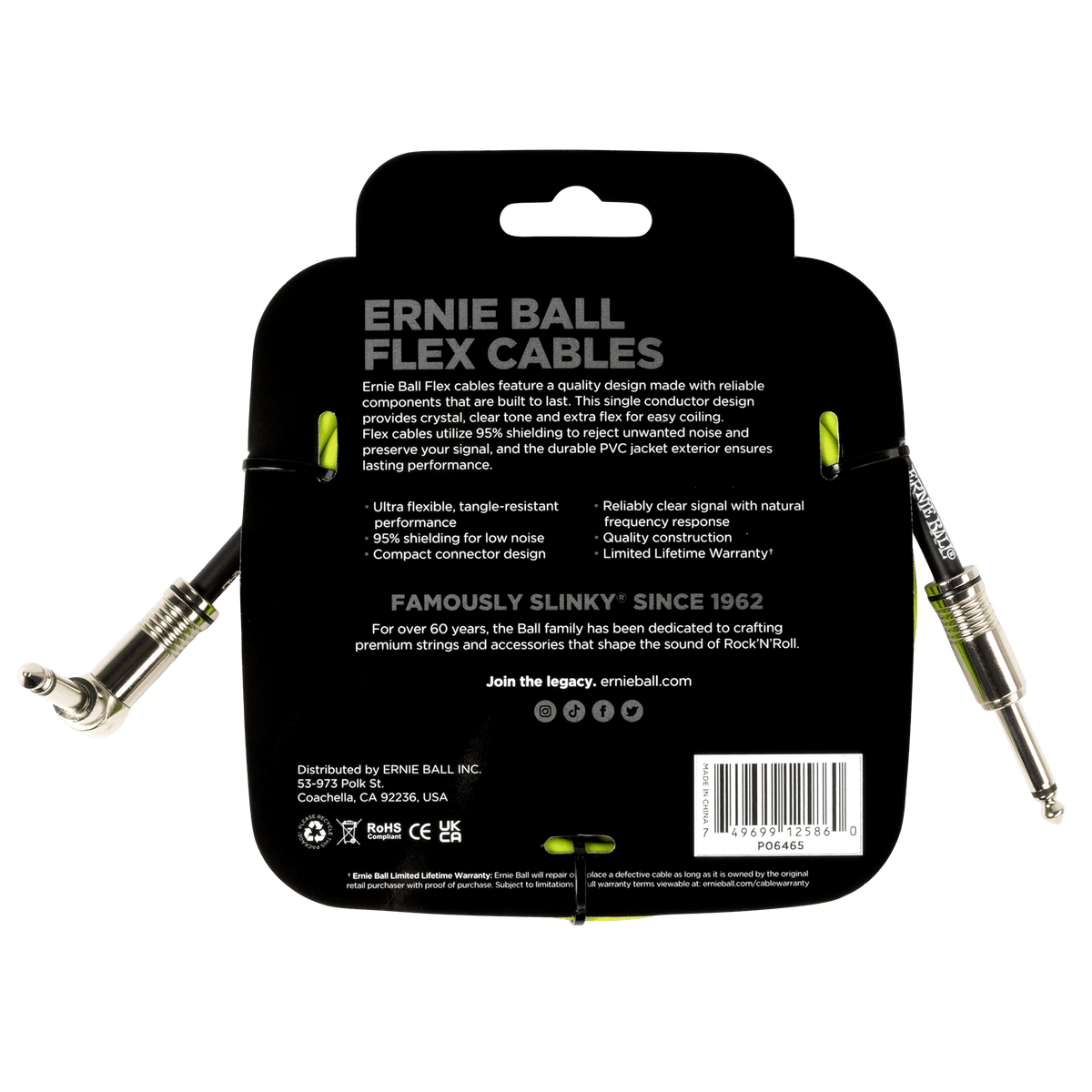 Ernie Ball P06465 Flex Instrument Cable Straight/Angle 10ft - Green