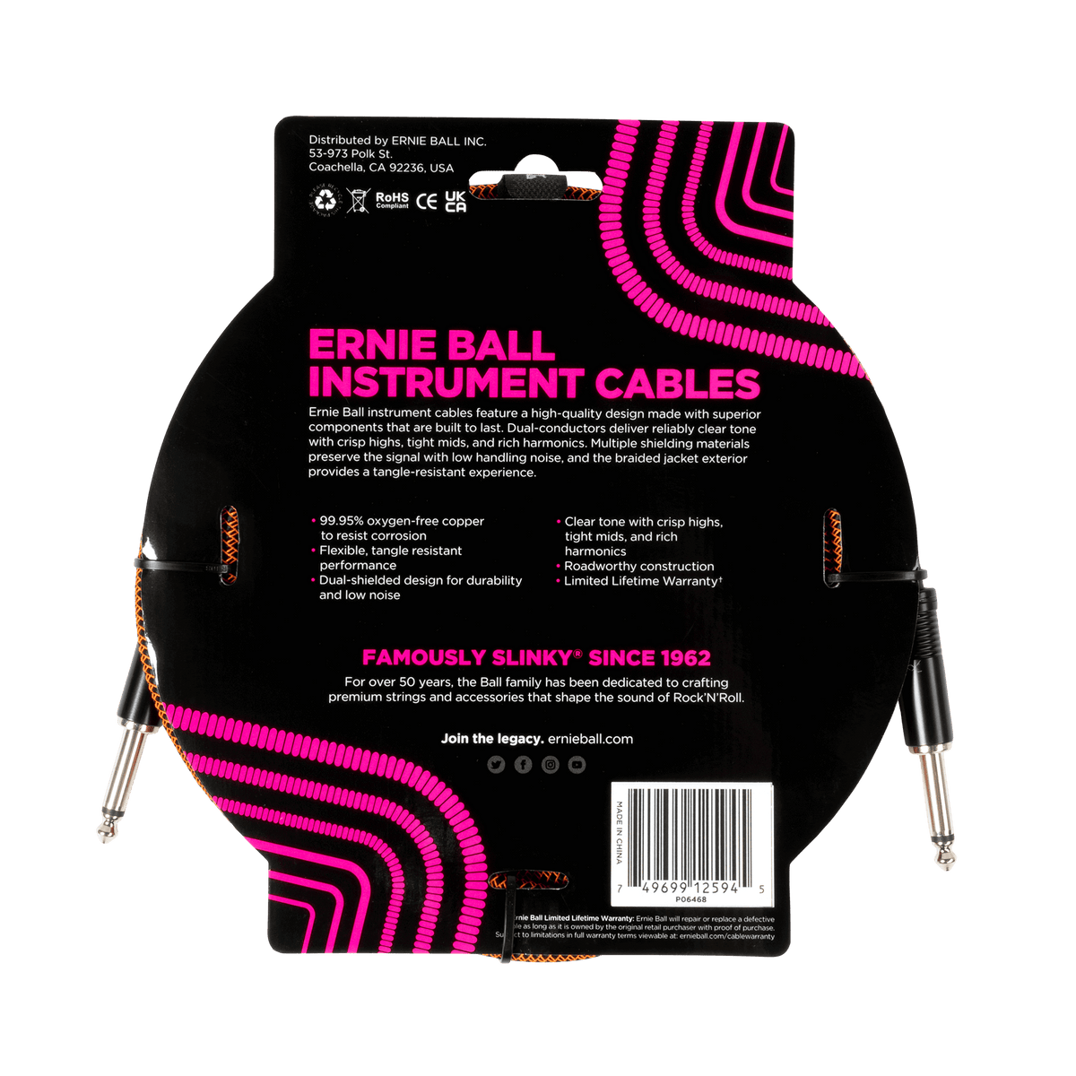 Ernie Ball P06468 Braided Instrument Cable Straight/Straight 10ft - Pumpkin Pie