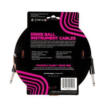 Ernie Ball P06468 Braided Instrument Cable Straight/Straight 10ft - Pumpkin Pie