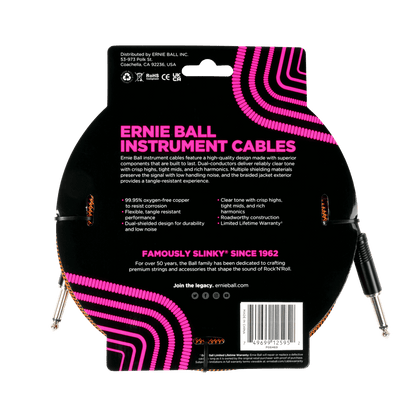 Ernie Ball P06469 Braided Instrument Cable Straight/Straight 18ft - Pumpkin Pie