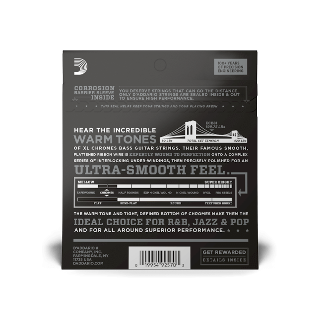 D'Addario 45-100 Regular Light, Long Scale, XL Chromes Bass Strings - ECB81
