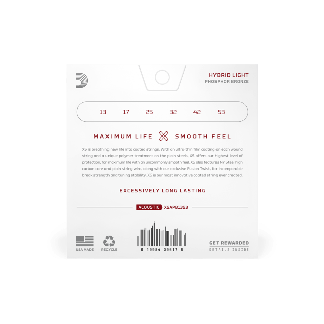 D'Addario XSAPB1353 (13-53) Hybrid Light, XS Phosphor Bronze Coated Acoustic Guitar Strings