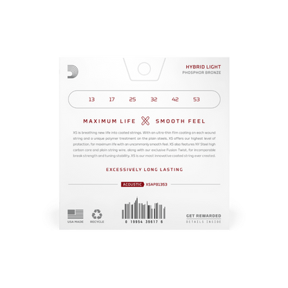 D'Addario XSAPB1353 (13-53) Hybrid Light, XS Phosphor Bronze Coated Acoustic Guitar Strings