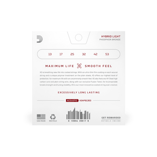 D'Addario XSAPB1353 (13-53) Hybrid Light, XS Phosphor Bronze Coated Acoustic Guitar Strings