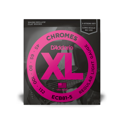 D'Addario 45-132 Regular Light 5-String, Long Scale, XL Chromes Bass Strings - ECB81-5