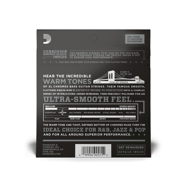 D'Addario 45-132 Regular Light 5-String, Long Scale, XL Chromes Bass Strings - ECB81-5