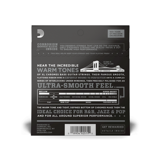 D'Addario 45-132 Regular Light 5-String, Long Scale, XL Chromes Bass Strings - ECB81-5