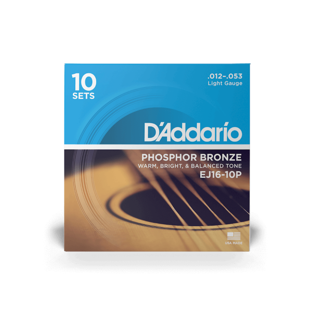 D'Addario EJ16-10P  12-53 Light, Phosphor Bronze Acoustic Guitar Strings 10-Pack