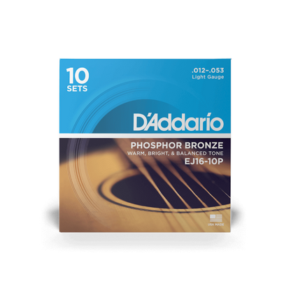 D'Addario EJ16-10P  12-53 Light, Phosphor Bronze Acoustic Guitar Strings 10-Pack