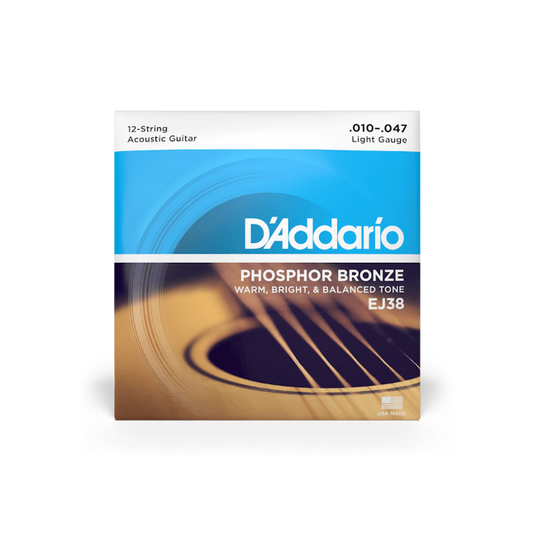 D'Addario 10-47 Light 12-String, Phosphor Bronze Acoustic Guitar Strings - EJ38