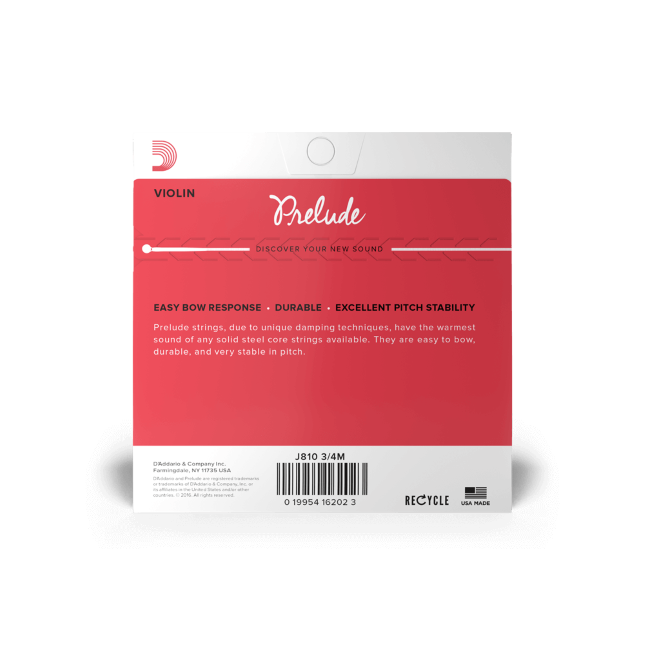 D'Addario J810 3/4M Prelude Violin String Set, 3/4 Scale, Medium Tension