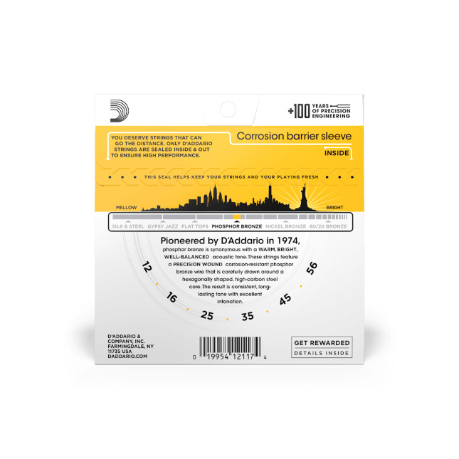 D'Addario EJ19 12-56 Light Top/Medium Bottom Bluegrass, Phosphor Bronze Acoustic Guitar Strings