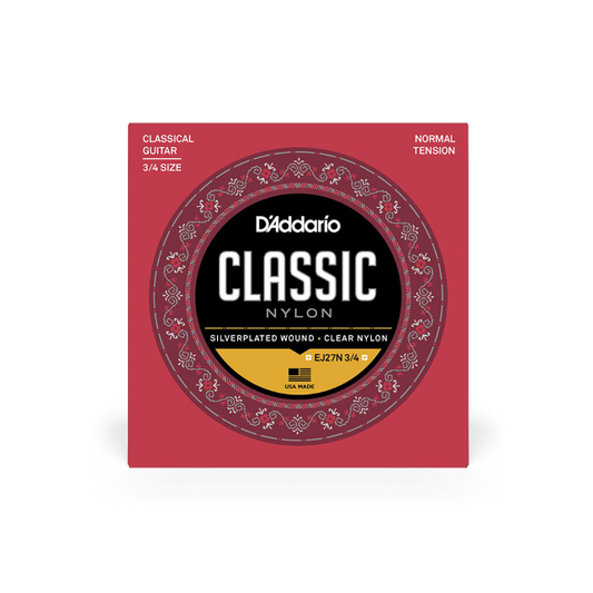 D'Addario Normal Tension 3/4 Size, Classic Nylon Student Classical Guitar Strings - EJ27N 3/4